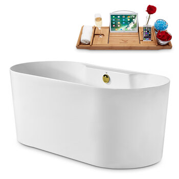 Streamline N2120 59'' Modern Oval Soaking Freestanding Bathtub, White Exterior, White Interior, Gold Internal Drain, with Bamboo Tray