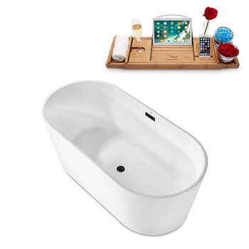 Streamline N2180 62'' Modern Oval Soaking Freestanding Bathtub, White Exterior, White Interior, Black Internal Drain, with Bamboo Tray