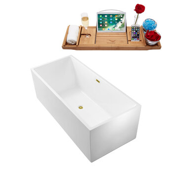 Streamline N260 66'' Modern Rectangle Soaking Freestanding Bathtub, White Exterior, White Interior, Gold Internal Drain, with Bamboo Tray