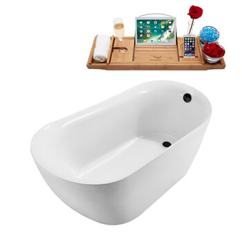 Streamline N280 59'' Modern Oval Soaking Freestanding Bathtub, White Exterior, White Interior, Black Internal Drain, with Bamboo Tray