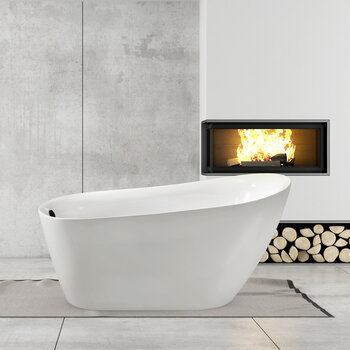 Streamline N281 67'' Modern Oval Soaking Freestanding Bathtub, White Exterior, White Interior, Black Internal Drain, with Bamboo Tray