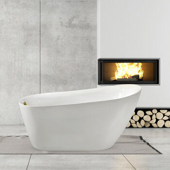 Streamline N281 67'' Modern Oval Soaking Freestanding Bathtub, White Exterior, White Interior, Gold Internal Drain, with Bamboo Tray