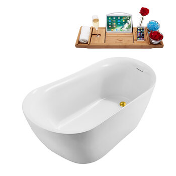 Streamline N290 59'' Modern Oval Soaking Freestanding Bathtub, White Exterior, White Interior, Gold Internal Drain, with Bamboo Tray