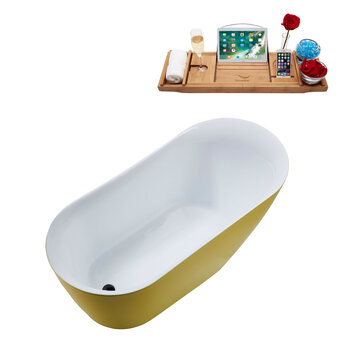 Streamline N291 59'' Modern Oval Soaking Freestanding Bathtub, Yellow Exterior, White Interior, Black Internal Drain, with Bamboo Tray