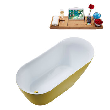 Streamline N291 59'' Modern Oval Soaking Freestanding Bathtub, Yellow Exterior, White Interior, Gold Internal Drain, with Bamboo Tray