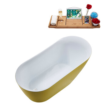 Streamline N291 59'' Modern Oval Soaking Freestanding Bathtub, Yellow Exterior, White Interior, White Internal Drain, with Bamboo Tray