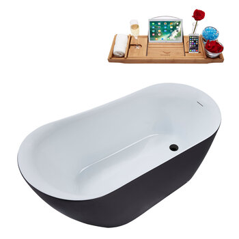 Streamline N292 59'' Modern Oval Soaking Freestanding Bathtub, Grey Exterior, White Interior, Black Internal Drain, with Bamboo Tray
