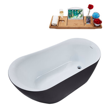 Streamline N292 59'' Modern Oval Soaking Freestanding Bathtub, Grey Exterior, White Interior, Chrome Internal Drain, with Bamboo Tray