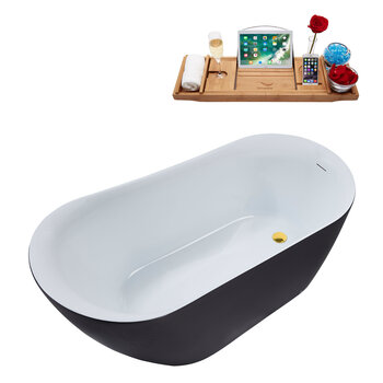 Streamline N292 59'' Modern Oval Soaking Freestanding Bathtub, Grey Exterior, White Interior, Gold Internal Drain, with Bamboo Tray