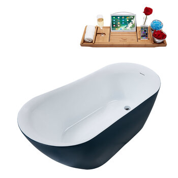 Streamline N293 59'' Modern Oval Soaking Freestanding Bathtub, Light Blue Exterior, White Interior, Chrome Internal Drain, with Bamboo Tray