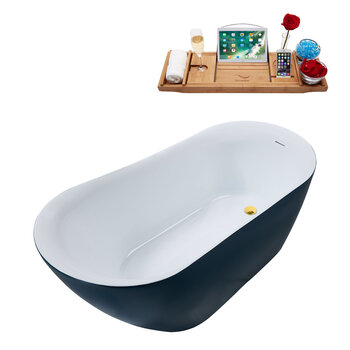 Streamline N293 59'' Modern Oval Soaking Freestanding Bathtub, Light Blue Exterior, White Interior, Gold Internal Drain, with Bamboo Tray