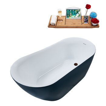 Streamline N293 59'' Modern Oval Soaking Freestanding Bathtub, Light Blue Exterior, White Interior, Oil Rubbed Bronze Drain, with Bamboo Tray