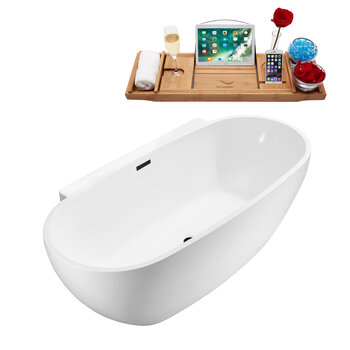 Streamline N300 59'' Modern Oval Soaking Freestanding Bathtub, White Exterior, White Interior, Black Internal Drain, with Bamboo Tray
