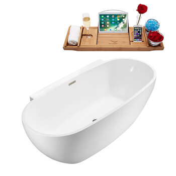 Streamline N300 59'' Modern Oval Soaking Freestanding Bathtub, White Exterior, White Interior, Brushed Nickel Internal Drain, with Bamboo Tray