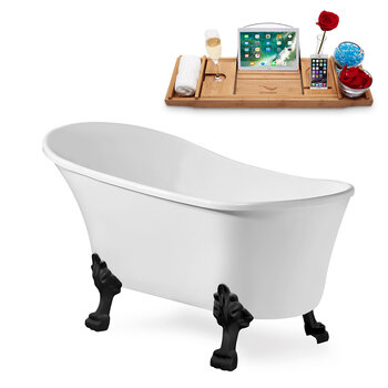Streamline N347 59'' Vintage Oval Soaking Clawfoot Bathtub, White Exterior, White Interior, Black Clawfoot, Gold Drain, with Bamboo Tray