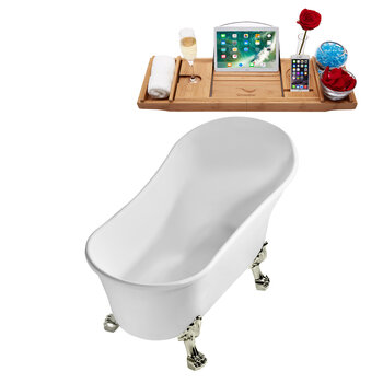 Streamline N347 59'' Vintage Oval Soaking Clawfoot Tub, White Exterior, White Interior, Brushed Nickel Clawfoot, Gold Drain, w/ Bamboo Tray