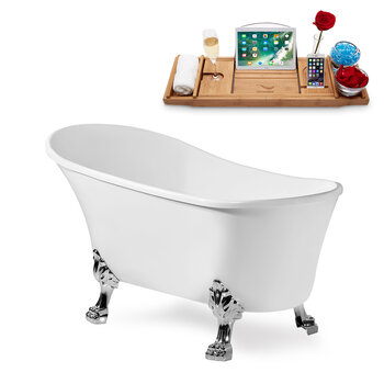 Streamline N347 59'' Vintage Oval Soaking Clawfoot Bathtub, White Exterior, White Interior, Chrome Clawfoot, Gold Drain, with Bamboo Tray