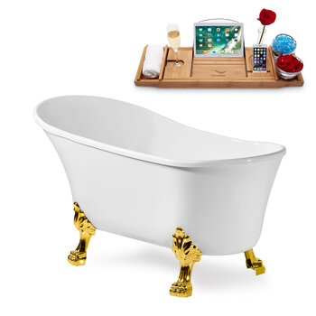 Streamline N347 59'' Vintage Oval Soaking Clawfoot Bathtub, White Exterior, White Interior, Gold Clawfoot, Gold Internal Drain, with Bamboo Tray