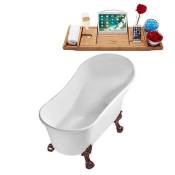 Streamline N347 59'' Vintage Oval Soaking Clawfoot Tub, White Exterior, White Interior, Oil Rubbed Bronze Clawfoot, Gold Drain, w/ Bamboo Tray