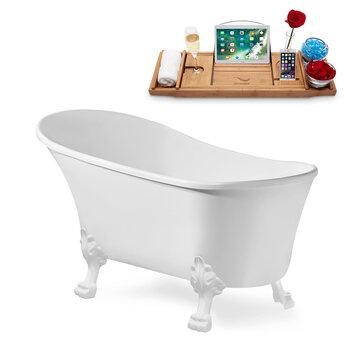 Streamline N347 59'' Vintage Oval Soaking Clawfoot Bathtub, White Exterior, White Interior, White Clawfoot, Gold Drain, with Bamboo Tray