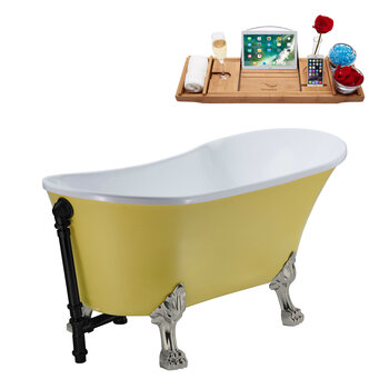 Streamline N350 63'' Vintage Oval Soaking Clawfoot Bathtub, Yellow Exterior, White Interior, Nickel Clawfoot, Black External Drain, w/ Tray