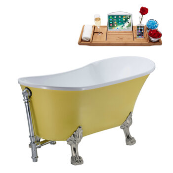 Streamline N350 63'' Vintage Oval Soaking Clawfoot Bathtub, Yellow Exterior, White Interior, Nickel Clawfoot, Chrome External Drain, w/ Tray