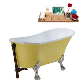 Streamline N350 63'' Vintage Oval Soaking Clawfoot Tub, Yellow Exterior, White Interior, Nickel Clawfoot, Oil Rubbed Bronze External Drain, w/ Tray