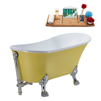Streamline N350 63'' Vintage Oval Soaking Clawfoot Bathtub, Yellow Exterior, White Interior, Chrome Clawfoot, Nickel External Drain, w/ Tray