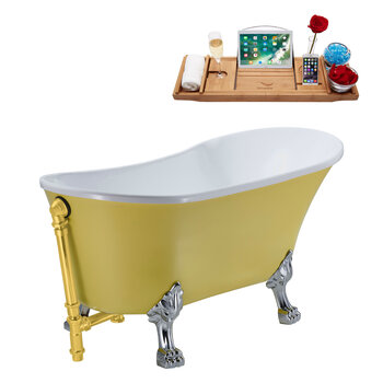 Streamline N350 63'' Vintage Oval Soaking Clawfoot Bathtub, Yellow Exterior, White Interior, Chrome Clawfoot, Gold External Drain, w/ Tray