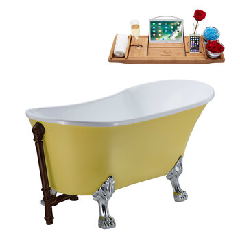 Streamline N350 63'' Vintage Oval Soaking Clawfoot Tub, Yellow Exterior, White Interior, Chrome Clawfoot, Oil Rubbed Bronze External Drain, w/ Tray