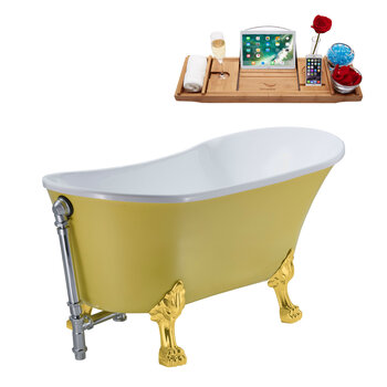 Streamline N350 63'' Vintage Oval Soaking Clawfoot Bathtub, Yellow Exterior, White Interior, Gold Clawfoot, Chrome External Drain, w/ Tray