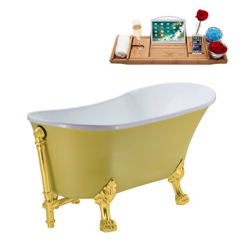 Streamline N350 63'' Vintage Oval Soaking Clawfoot Bathtub, Yellow Exterior, White Interior, Gold Clawfoot, Gold External Drain, w/ Tray