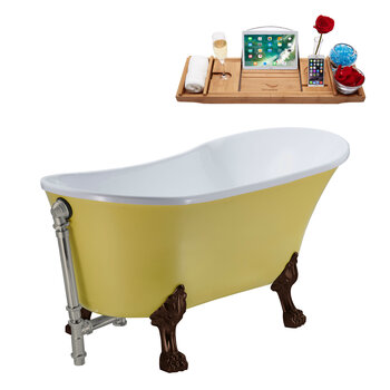Streamline N350 63'' Vintage Oval Soaking Clawfoot Tub, Yellow Exterior, White Interior, Oil Rubbed Bronze Clawfoot, Nickel External Drain, w/ Tray