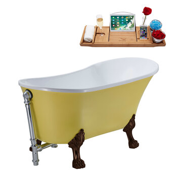 Streamline N350 63'' Vintage Oval Soaking Clawfoot Tub, Yellow Exterior, White Interior, Oil Rubbed Bronze Clawfoot, Chrome External Drain, w/ Tray