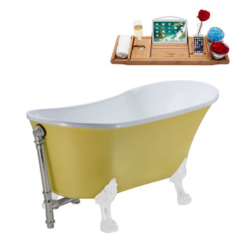 Streamline N350 63'' Vintage Oval Soaking Clawfoot Bathtub, Yellow Exterior, White Interior, White Clawfoot, Nickel External Drain, w/ Tray