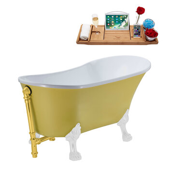 Streamline N350 63'' Vintage Oval Soaking Clawfoot Bathtub, Yellow Exterior, White Interior, White Clawfoot, Gold External Drain, w/ Tray