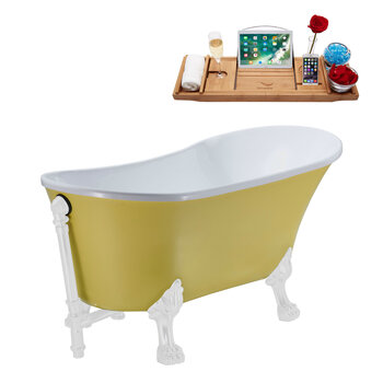 Streamline N350 63'' Vintage Oval Soaking Clawfoot Bathtub, Yellow Exterior, White Interior, White Clawfoot, White External Drain, w/ Tray