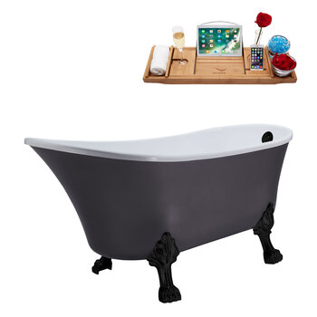 Streamline N351 63'' Vintage Oval Soaking Clawfoot Bathtub, Grey Exterior, White Interior, Black Clawfoot, Black External Drain, w/ Tray