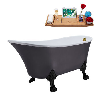 Streamline N351 63'' Vintage Oval Soaking Clawfoot Bathtub, Grey Exterior, White Interior, Black Clawfoot, Gold Internal External Drain, w/ Tray