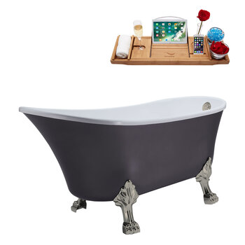 Streamline N351 63'' Vintage Oval Soaking Clawfoot Bathtub, Grey Exterior, White Interior, Nickel Clawfoot, Nickel External Drain, w/ Tray