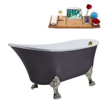 Streamline N351 63'' Vintage Oval Soaking Clawfoot Bathtub, Grey Exterior, White Interior, Nickel Clawfoot, Gold External Drain, w/ Tray