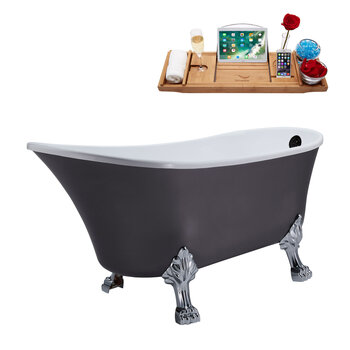Streamline N351 63'' Vintage Oval Soaking Clawfoot Bathtub, Grey Exterior, White Interior, Chrome Clawfoot, Black External Drain, w/ Tray