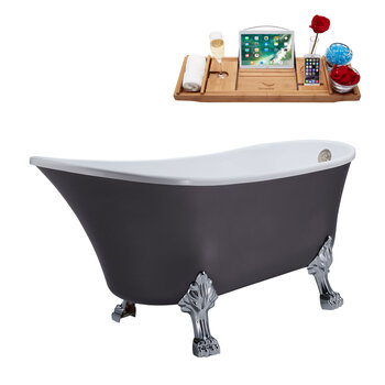 Streamline N351 63'' Vintage Oval Soaking Clawfoot Bathtub, Grey Exterior, White Interior, Chrome Clawfoot, Nickel External Drain, w/ Tray