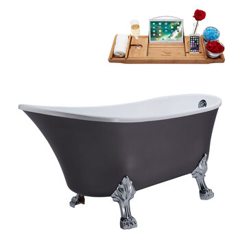 Streamline N351 63'' Vintage Oval Soaking Clawfoot Bathtub, Grey Exterior, White Interior, Chrome Clawfoot, Chrome External Drain, w/ Tray