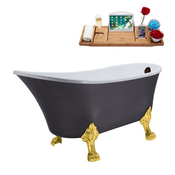 Streamline N351 63'' Vintage Oval Soaking Clawfoot Tub, Grey Exterior, White Interior, Gold Clawfoot, Oil Rubbed Bronze External Drain, w/ Bamboo Tray