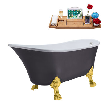 Streamline N351 63'' Vintage Oval Soaking Clawfoot Bathtub, Grey Exterior, White Interior, Gold Clawfoot, White Internal External Drain, w/ Tray
