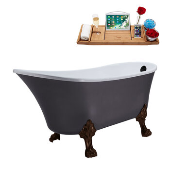 Streamline N351 63'' Vintage Oval Soaking Clawfoot Tub, Grey Exterior, White Interior, Oil Rubbed Bronze Clawfoot, Black External Drain, w/ Bamboo Tray
