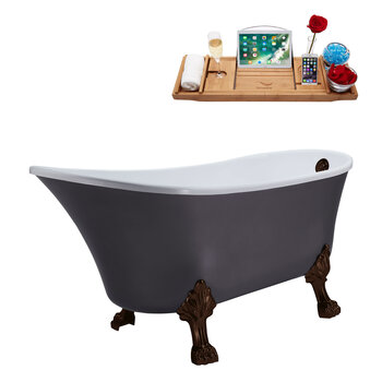 Streamline N351 63'' Vintage Oval Soaking Clawfoot Tub, Grey Exterior, White Interior, Oil Rubbed Bronze Clawfoot, ORB External Drain, w/ Bamboo Tray