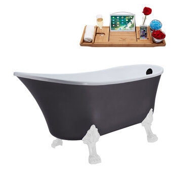 Streamline N351 63'' Vintage Oval Soaking Clawfoot Bathtub, Grey Exterior, White Interior, White Clawfoot, Black External Drain, w/ Tray