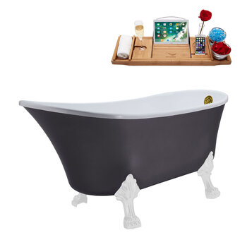Streamline N351 63'' Vintage Oval Soaking Clawfoot Bathtub, Grey Exterior, White Interior, White Clawfoot, Gold Internal External Drain, w/ Tray
